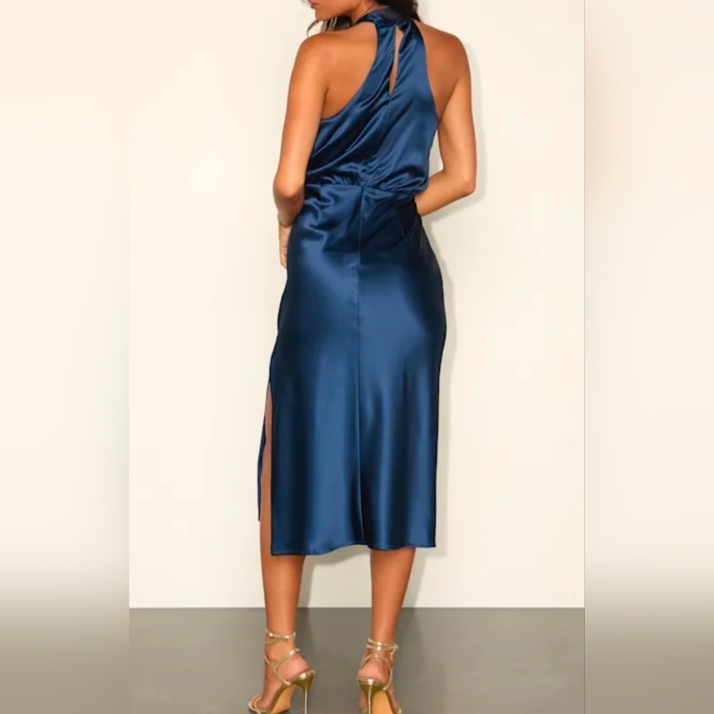 Lulus Jacey Navy Satin Halter Midi Dress, Size Small - Picture 7 of 10